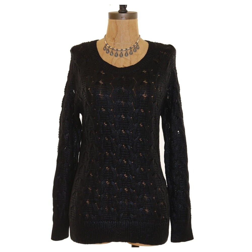 Halogen Nordstrom Sweater Top Size PM Foiled Cable Bateau Neck Black EUC B82
